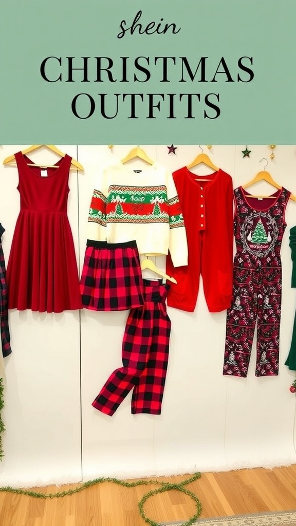 A collection of Christmas outfits from Shein including a red dress, Christmas sweater, plaid skirt, jumpsuit, and pajamas on a festive backdrop.